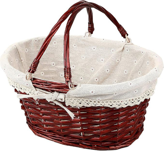 KINJOEK Wicker Woven Basket, Multipurpose Natural Willow Basket with Handle Premium Linen Cotton Cloth Lining for Storage and Decoration, Brown