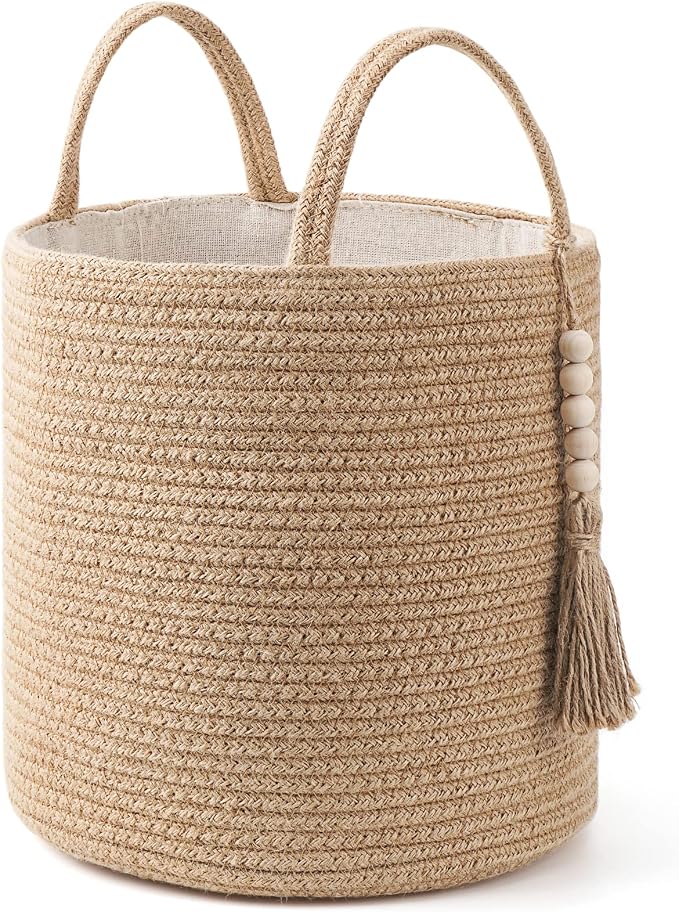 Mkono Woven Storage Basket Decorative Natural Rope Basket Wooden Bead Decoration for Blankets,Toys,Clothes,Shoes,Plant Organizer Bin with Handles Living Room Home Decor (Brown, 28 x 28cm) | Brown, Jute, Decorative Basket with Handle, Wood Beads Tassel,...