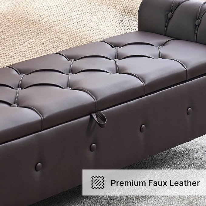 Storage Bench 67" Faux Leather End of Bed Benches Dark Brown | King Size Storage Bench for Bedroom with Rolled Arms Tufted Ottoman Benches Upholstered Bench for Living Room Entryway