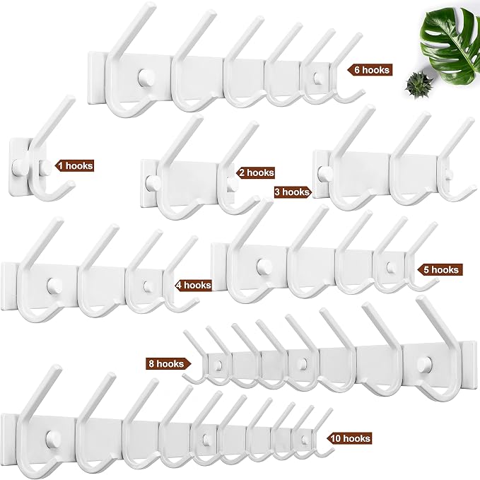 WEBI Coat Rack Wall Mount,Coat Hooks Wall Mounted,Coat Hanger Wall,Hook Rack Rail,3 Hooks for Hanging Coats,Hats,Jacket,Clothes,White,2 Packs