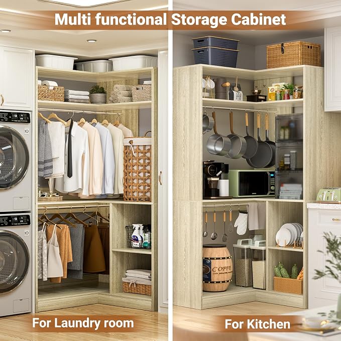 Aheaplus Corner Closet System with Shelves, 34’’ Closet Organizer System with Hanging Rods, Wood Walk-in Closets for Corner Small Space,Freestanding Corner Tower, L Shaped Garment Rack, White Oak