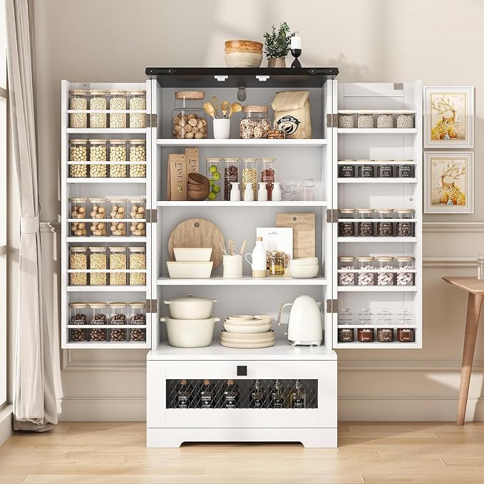 kepptory Farmhouse Pantry Cabinet with Barn Door & Adjustable Shelves, Freestanding Kitchen Storage Cabinet for Dining Room, Bathroom, Hallway (White)
