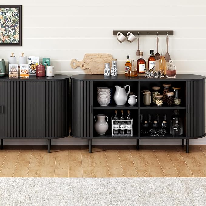 55" Sideboard Buffet Cabinet with Storage, Storage Cabinet with Sliding Door & Adjustable Shelf, Modern Accent Coffee Bar Cabinet Console Table for Kitchen, Entryway, Black