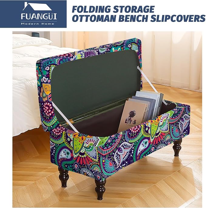 FUANGUI Ottoman Cover Slipcovers Rectangular Folding Stretch | Storage Bench Footrest Sofa Stool Covers Footstool Protector with Elastic Bottom, Removable Washable,Large