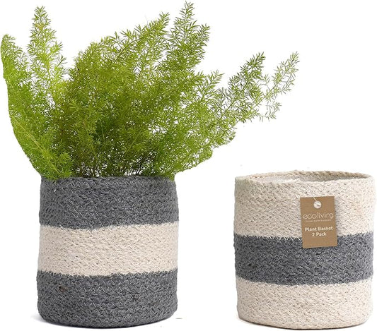 Jute Small Plant Pots Set of 2, 6.5 inches- Gray & White | Jute Planter Basket-Woven Rope Covers for Decorating Indoor/Outdoor Succulents Multi-Purpose Storage Bins Modern Style Decor