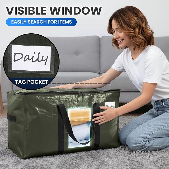 TAILI 4 Pack Green Extra Large Storage Bags, Heavy Duty Totes with Visible Window, Wrap Around Handles, Perfect for Moving