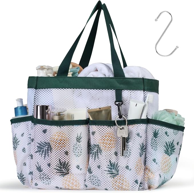 F-color Shower Caddy Portable - Mesh Shower Bag Basket Tote for College Dorm Room Essentials Bathroom Gym Camp Quick Dry for Women Men with S Hook, Green Pineapple | 2-Handle, Quick-Dry, Toiletry Organizer, College Dorm Room Essentials for Girls, Gym, ...