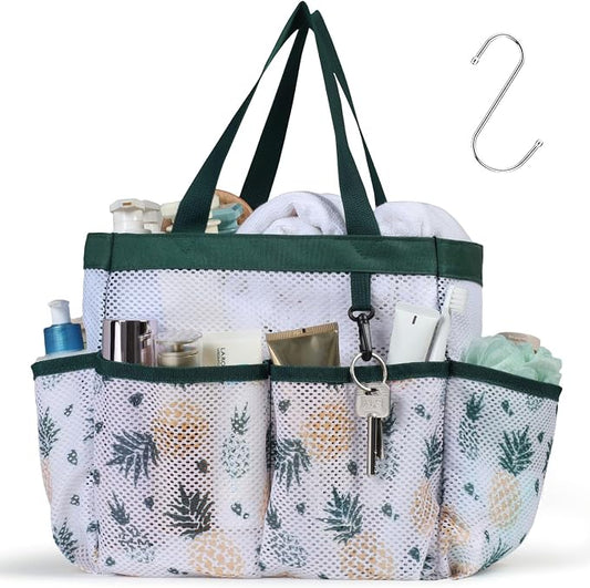 F-color Shower Caddy Portable - Mesh Shower Bag Basket Tote for College Dorm Room Essentials Bathroom Gym Camp Quick Dry for Women Men with S Hook, Green Pineapple | 2-Handle, Quick-Dry, Toiletry Organizer, College Dorm Room Essentials for Girls, Gym, ...