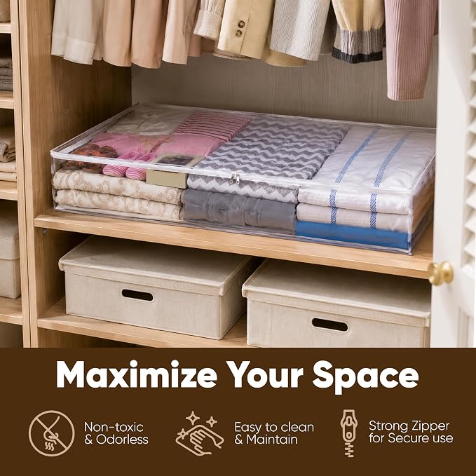 Masirs Clear Underbed Storage Bag, Durable Vinyl Material to Shield Your Contents from Dust, Dirt and Moisture, Easy Gliding Zipper for Easy Access and Label Pocket for Easy Identification, (2-Pack)