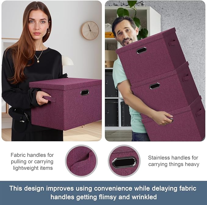Storage Bins with Lids Fabric Closet Organizers Cubes Office Organization | 36 Quart 3 Pack Purple Collapsible Stackable Linen Fabric 4 Handles Bedroom Closet Cabinet Under Bed Clothes Toy Office File