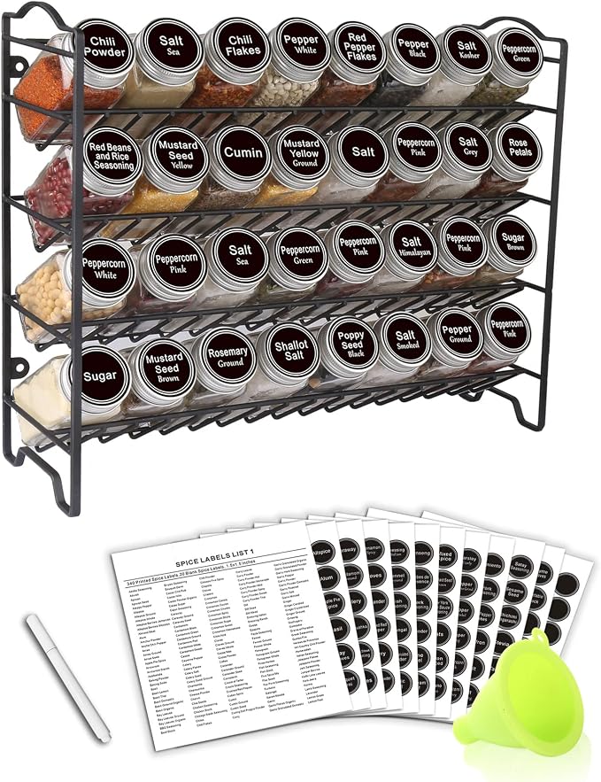 SWOMMOLY Spice Rack Organizer with 32 Glass Spice Jars and 396 Spice Labels | Chalk Marker, Funnel - Spice Organizer for Cabinet, Countertop, Pantry, Cupboard & Wall Mount, 14.8" W × 12.6" H, Black
