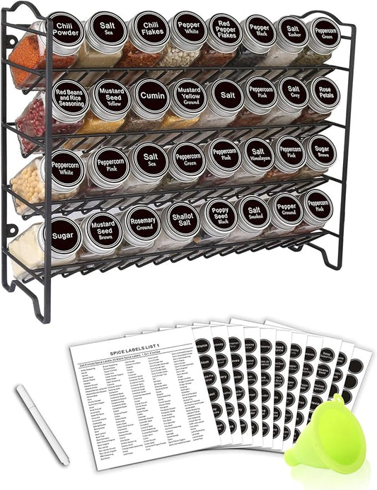 SWOMMOLY Spice Rack Organizer with 32 Glass Spice Jars and 396 Spice Labels | Chalk Marker, Funnel - Spice Organizer for Cabinet, Countertop, Pantry, Cupboard & Wall Mount, 14.8" W × 12.6" H, Black