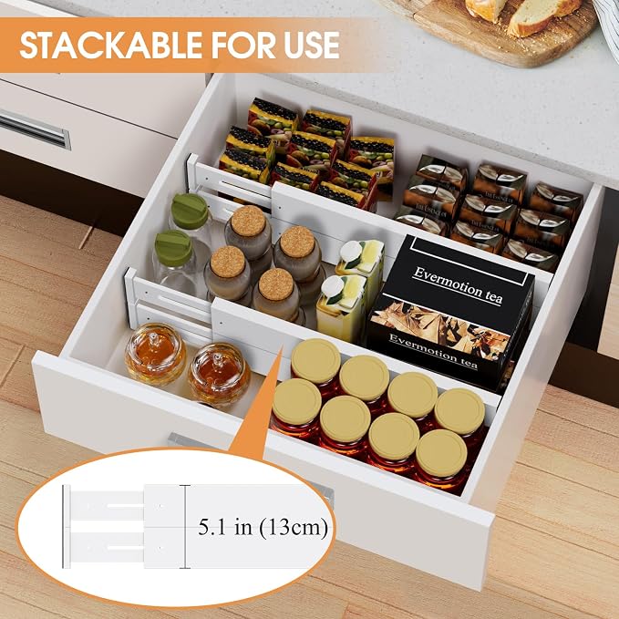 Bamboo Drawer Dividers, Adjustable Drawer Organizers, Fits 17.6–21" Drawers | 2.5" High, 4 Pack Expandable Drawer Separators for Kitchen, Nursery, Dressers & Office Storage, White