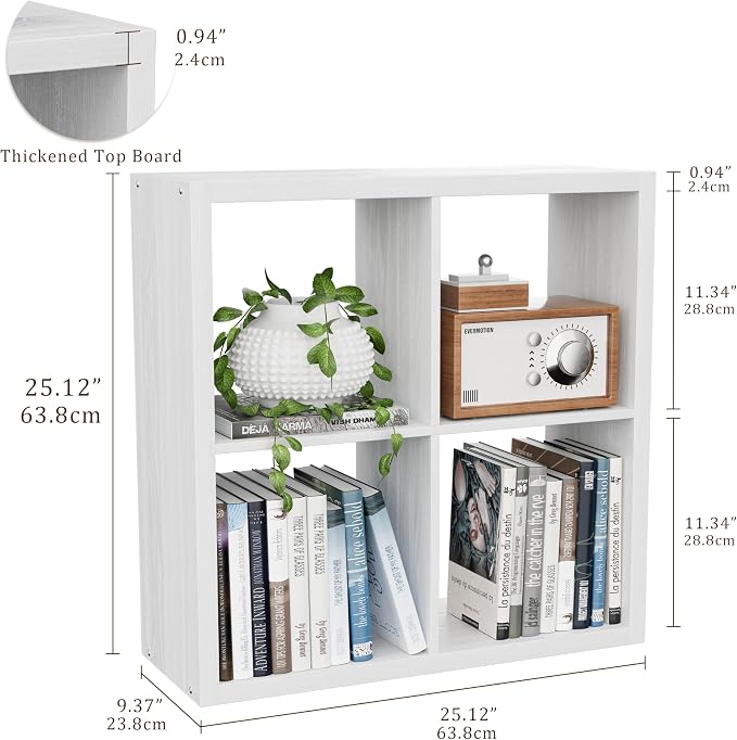 VDNEND Cube Storage Organizer Bookcase, Decorative 11 inch Open Back Cubical Shelf with Thickened Border, Display Bookshelf for Living Room, Home Office, Sturdy Room (White, 4 Cube)