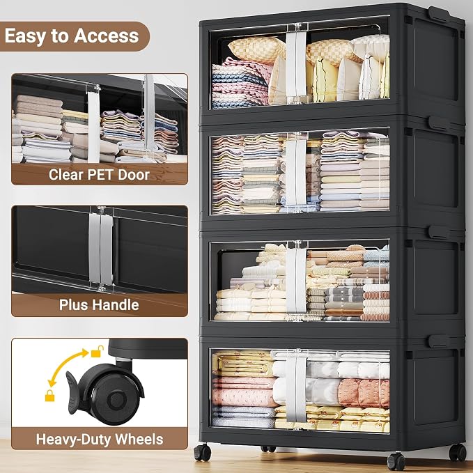 BROVIEW 800Qt Extra Large Stackable Storage Bins with Lids, 200Gal Collapsible Storage Bin with Wheels Clear Door, Folding Plastic Closet Organizers and Storage Drawers for Home Kitchen, 5 Pack Black