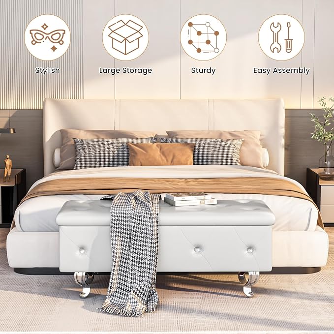 Recaceik Ottoman with Storage, Small Upholstered Storage Bench for Bedroom, Ottoman Bench with Legs for Living Room, End of Bed, Entryway, Window, White