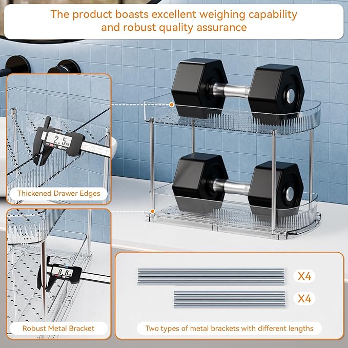 4 Pack Large Pull Out Bathroom Organizers and Storage,2 Tier 12.8″ Tall Sliding Kitchen Under Sink Organizer for Cleaning Products Storage,Acrylic Clear Bathroom inder Sink Organizer,Undersink Storage