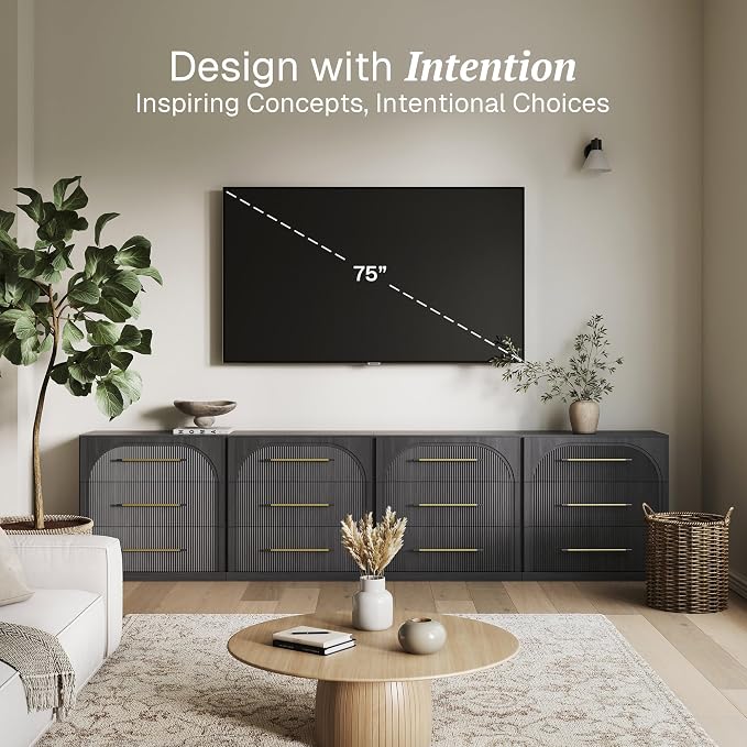 BELLEZE 4-Piece Modular TV Stand Set -Fluted Entertainment Center with Metal Handle,Modern Sideboards with Drawers,Classic Media Console Table Cabinet for Living Room(Ebony)