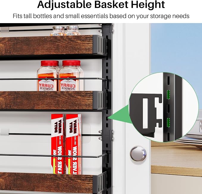 SNTD 8 Tiers Over the Door Organizer - Height Adjustable Pantry Organizers and Storage with Dense Mesh Baskets, Hanging Door Spice Rack for Kitchen Bathroom (Rustic Brown, 17" W x 6" D x 69" H)