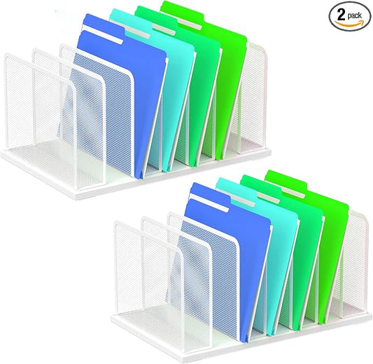 Kuntine.B 7-SectionUpright Desk File Organizer White 2 Pack | Vertical, Mesh, Metal, Assembly, Stability, Sturdiness, Organization, Standing