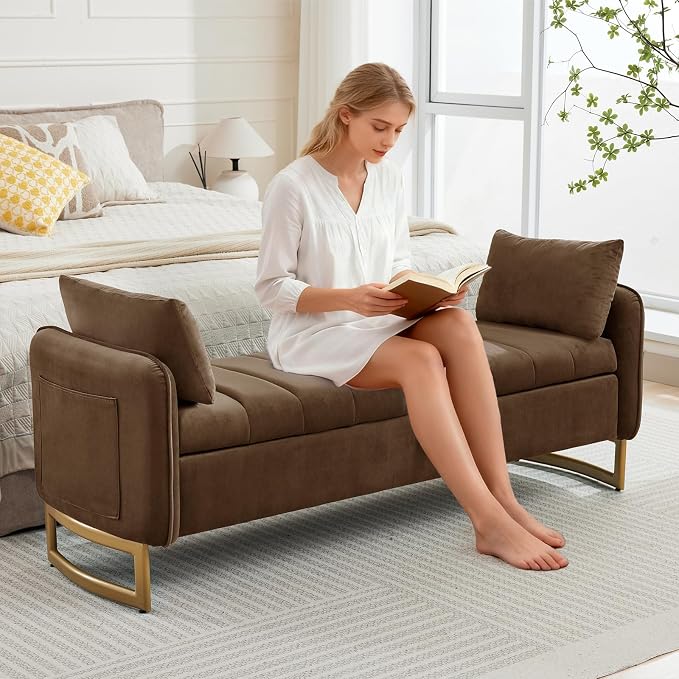 66'' King Size Storage Bench for Bedroom, Teddy Boucle End of Bed Benches for Foot of Bed, Storage Ottoman Bench with Golden Legs and Pockets for Living Room Window Entryway, Blrown