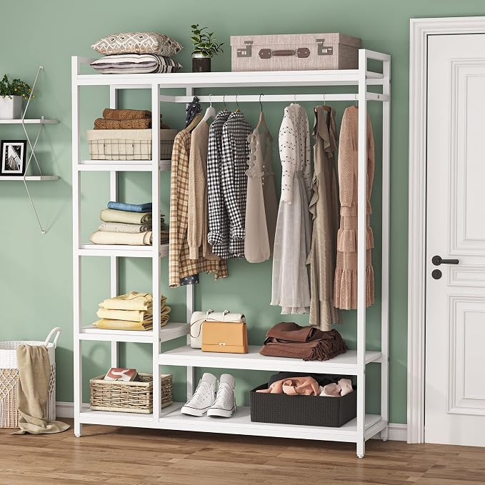 LITTLE TREE Free Standing Wood Closet Clothes Rack,Heavy Duty Grament Rack with Shelves,Hanging Racks for Clothes Clothing Rack for Bedrom,Wardrobe Closet Organizer,350 lb Capacity