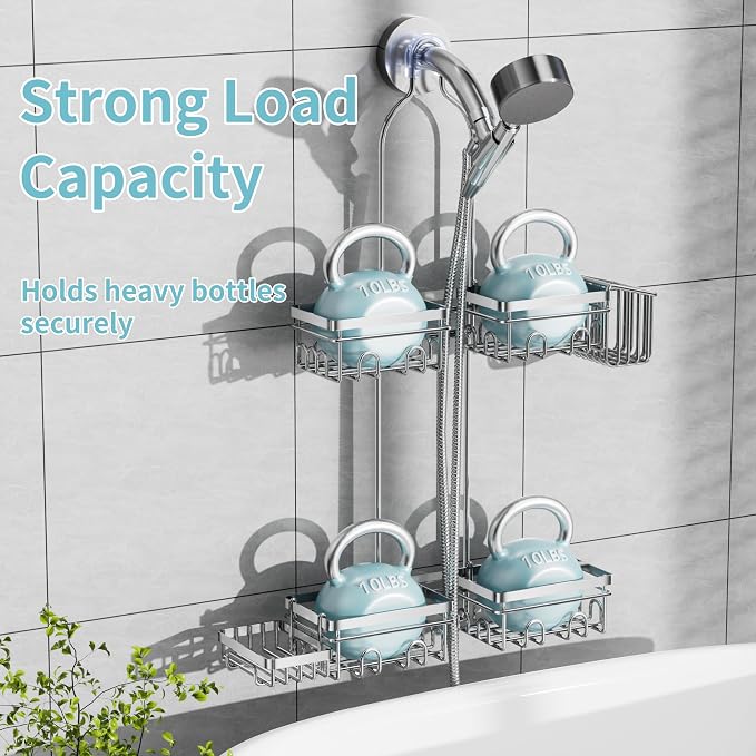 KEGII Hanging Shower Caddy for Handheld Showerheads, Silver | Rustproof Over Showerhead Organizer with Soap Dish, Toothbrush Holder and Hooks for Bathroom Shower Storage