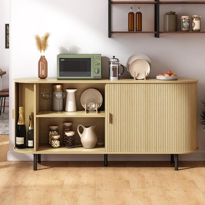 63" Sideboard Buffet Cabinet with Storage, Storage Cabinet with Sliding Door & Adjustable Shelf, Modern Accent Coffee Bar Console Table for Kitchen, Entryway, Oak