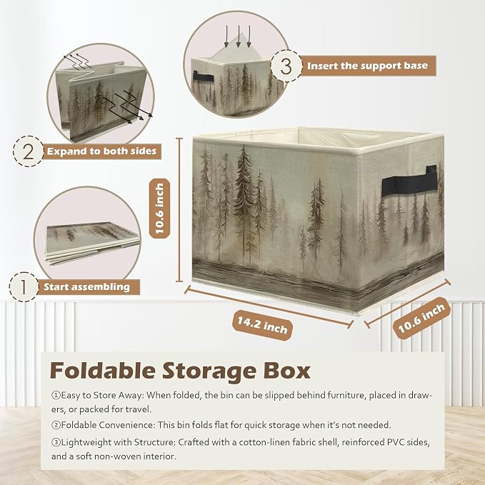 Misty Forest Pine Tree Storage Box Bins, Vintage Neutral Nature Forest Lake Collapsible Storage Basket Organizer for Bedroom Laundry Room Home Clothes Books, Decor for Room