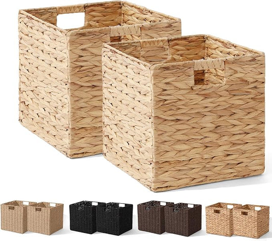 Water Hyacinth Storage Basket, Set of 2 Hand-Woven Wicker Baskets, Foldable Cube Storage Bins, Wicker Cube Laundry Organizer, Square Baskets for Organizing Shelves Decor, 12x12x12in