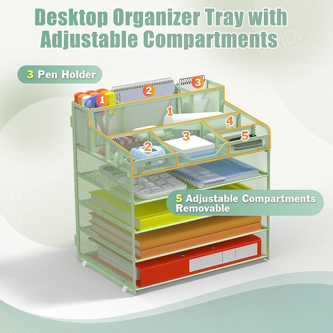 Docnest 5 Tier Mesh Desk Organizer with Letter Tray & Paper Sorter, Green | Features 3 built-in pen holders & 5 adjustable compartments on top. Includes 4 non-slip rubber feet for desk protection