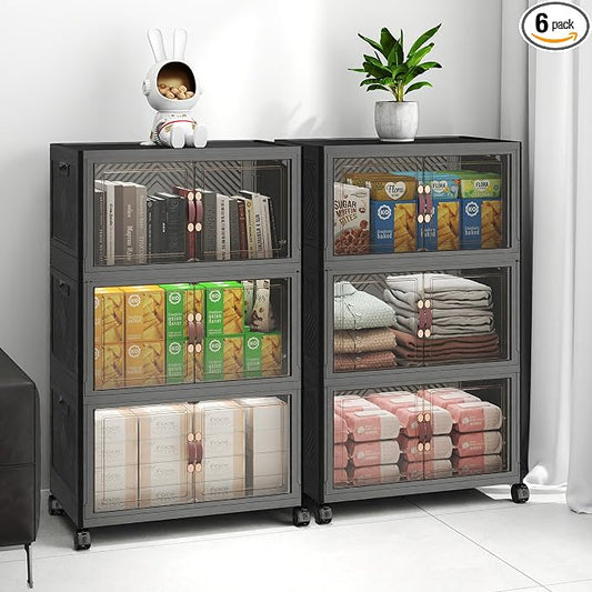 UAMFURI Stackable Storage Bins with Lids, 288QT Lockable Storage Cabinet | Folding Storage Box with Doors and Wheels, Collapsible Plastic Drawers for Home, Garage, Office