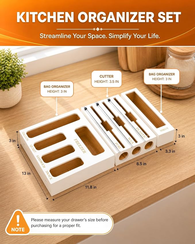 Bamboo Foil and Plastic Wrap Organizer for Kitchen Drawer, 9 in 1 Plastic Bag Organizer Organization and Storage, Food Storage Bag Organizer with Labels for Quart Gallon Snack (White)
