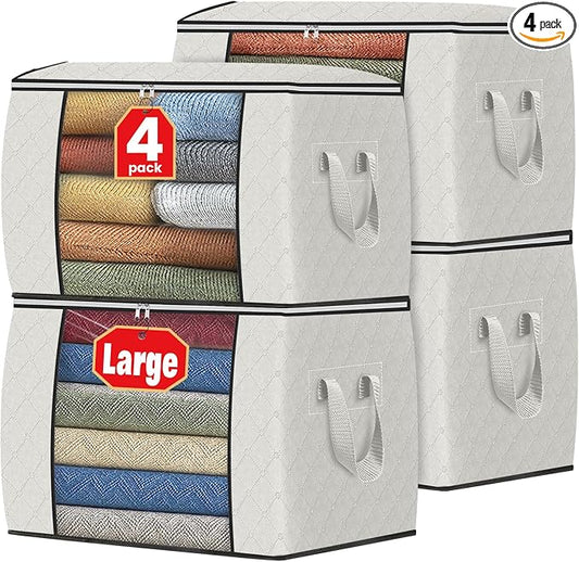 Fab totes 24 Gallons Clothes Storage, Foldable Thick Fabric Blanket Storage Bags, Containers for Organizing Bedroom, Closet, Clothing, Comforter, Organization with Handle (4 Pack,Ivory)