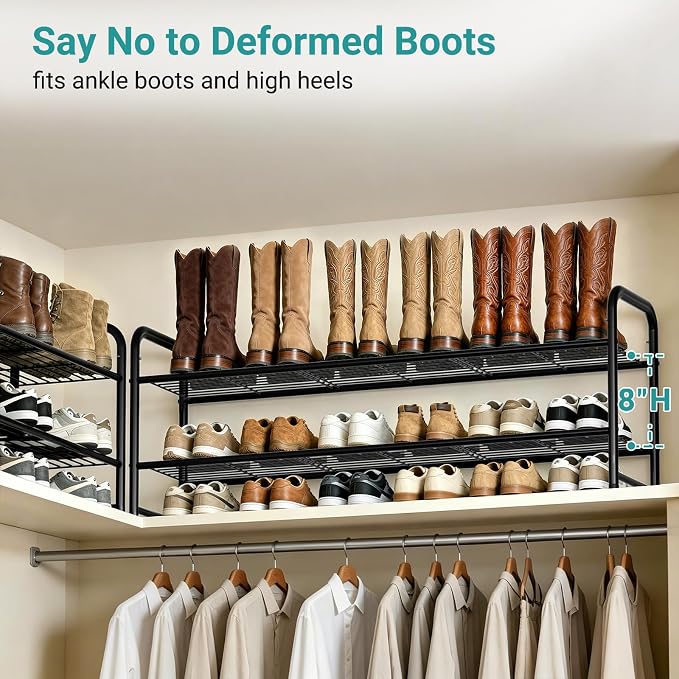 AOODA Long 2 Tier Shoe Rack for Closet Metal Wide Stackable Shoe Storage Organizer for Entryway, Bedroom, Floor, 18-Pairs Low Shoe Shelf, Black