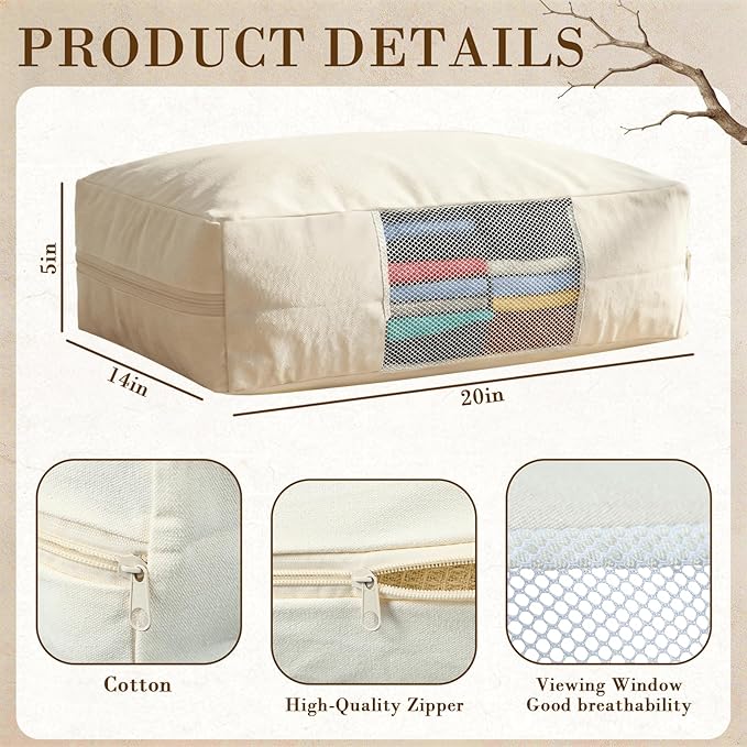 3 Pcs Cotton Canvas Sweater Storage Bag, 20"x14"x5" Closet Organizer Bag | Breathable Material, Mesh Window Design, Dustproof, Moth Proof, Large Capacity, Suitable for Seasonal Clothing, Bedding, etc.