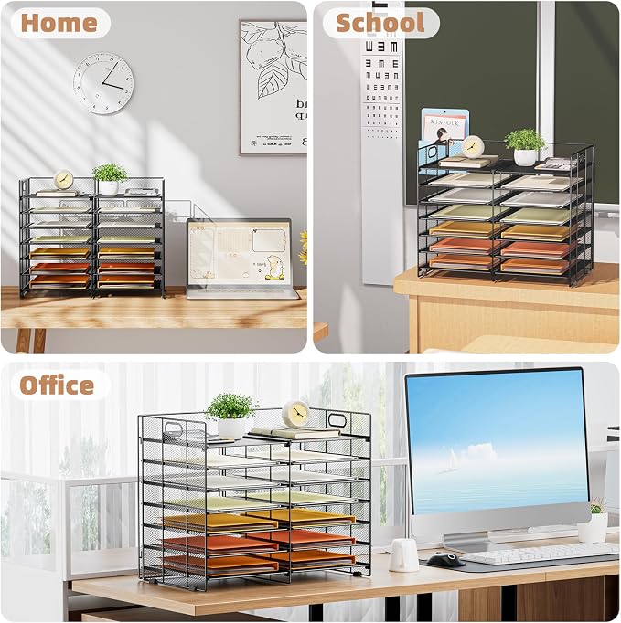 Marbrasse 12 Slots Desktop Literature Organizer, 7-Tier Mesh Paper Organizer for Desk, Adjustable Mail File Sorter Tray with Handle, Desktop Classroom Mailbox Cabinet for Office Home School, Black