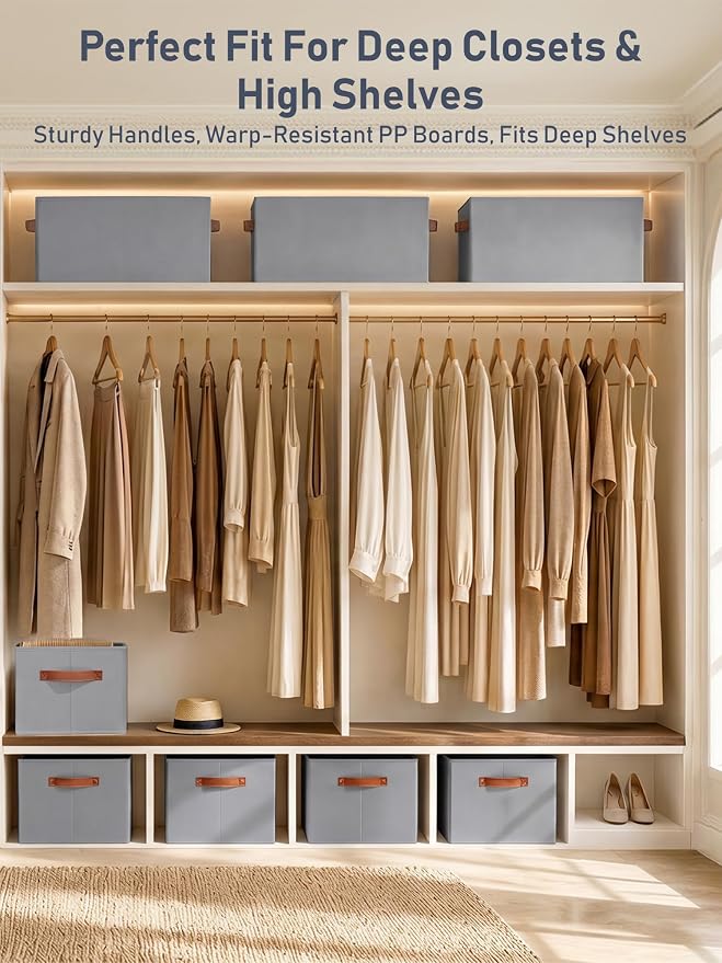 8 Pack Large Closet Storage Baskets Bins for Shelves, Collapsible Fabric Closet Organizers and Storage with Polyester Handles, Decorative Baskets for Organizing Clothes, Towels, Linen Closet 14"x10"