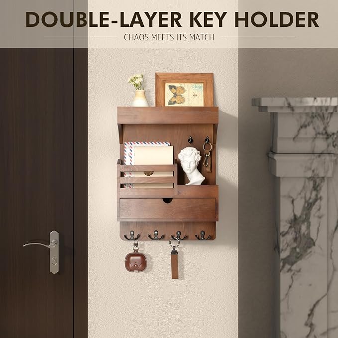 Rebee Vision Key Holder Wall Mount with Drawer Organizer for Entryway,Brown | Pine Wood, 6 Key Hooks, Display Shelf for Plants, Mail Slot for Storage Letter, Multi-Funtional Design, Home Storage