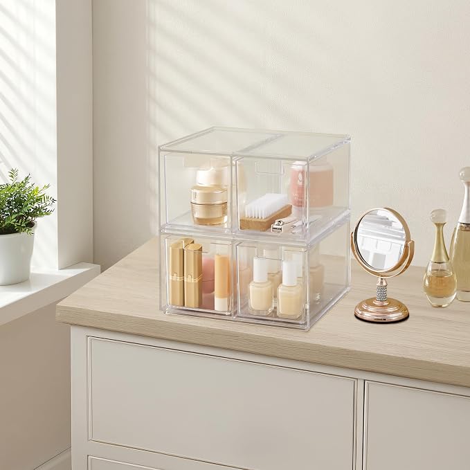 STORi Stackable Desk Organizer drawers, Clear Pen Pencil Makeup Brush drawers for Desktops and Vanities, 4 Tall Drawers (Made in USA)