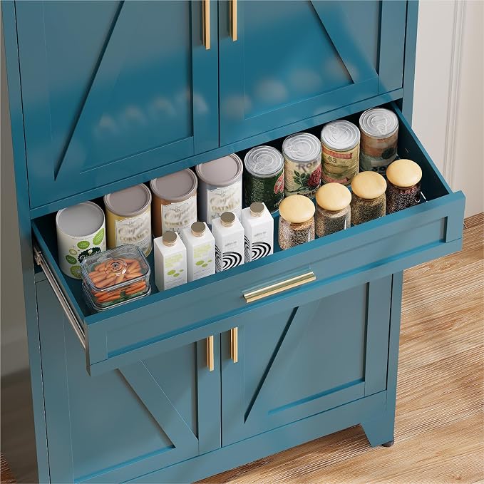 COFaR 71 in Tall Kitchen Pantry Cabinet with Drawer, Metal Pantry Storage Cabinet with 4 Adjustable Shelves and 4 Barn Doors, Freestanding Farmhouse Food Cupboard for Dining Room, Peacock Blue 6-Tier