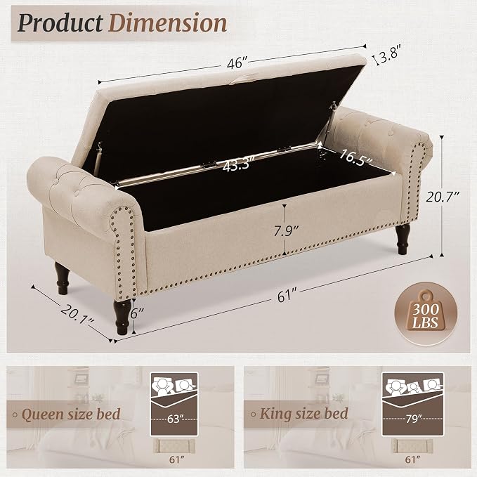 Storage Bench Ottoman, 61" Long King Linen Rolled Arm Bedroom End of Bed Bench, Window Bench with Button Tufted and Nailhead Trim for Foot of Bed Bench, Bedroom, Entryway, Living Room, Wheat