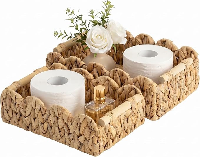 StorageWorks Toilet Paper Basket 2 Pack, Back of Toilet Basket with Wooden Handles, Small Wicker Decorative Scalloped Baskets for Organizing, Living Room Storage, Natural Water Hyacinth
