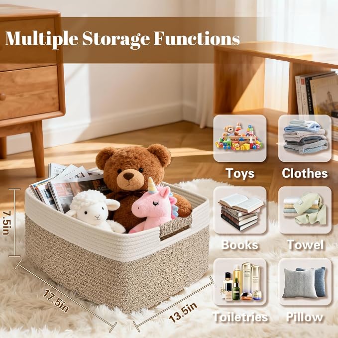 2 Pack Large Storage Basket for Organizing, 17.5"x13"x7" Woven Basket for Shelves, Closet Cube Storage Bins with Wrapped Handle, Cotton Rope Baskets for Kitchen, Clothes, Toys(Off White & Brown)