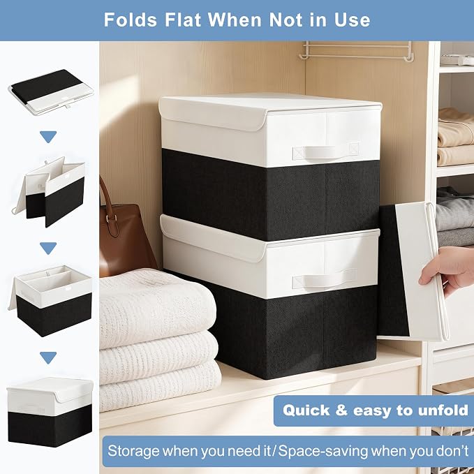 Large 17" 42 Quarts Collapsible Stackable Storage Bins with Lids [3-Pack] Foldable Fabric Linen Storage Boxes Cube, Closet Organizer Baskets with Label for Home (16.7 x 12 x 12", Black & White)