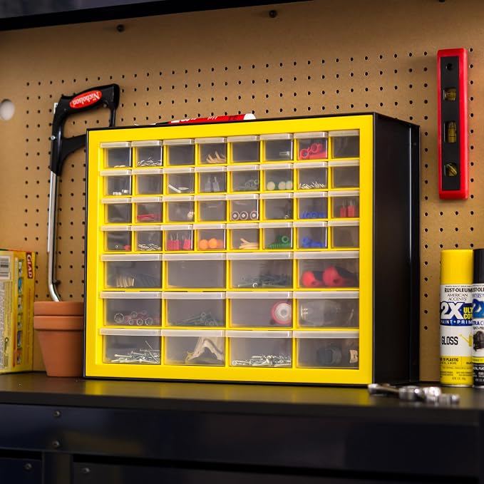 IRIS Plastic Hardware Storage Drawer, 44 Drawer Parts Cabinet - Yellow | Wall-mountable, Stackable, Building Bricks, Screws, Nuts & Bolts, Hardware, Garage Tool Storage