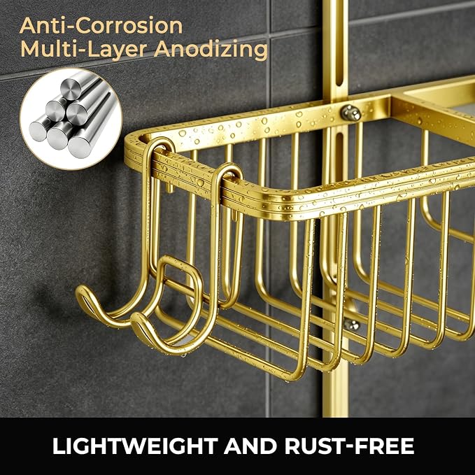 Adjustable Hanging Shower Caddy for Handheld Showerhead, Rustproof Aluminum Over Shower Head Organizer, Renter-Friendly No-Swing Storage for Tall Bottles & Soap, 2-Tier, Gold
