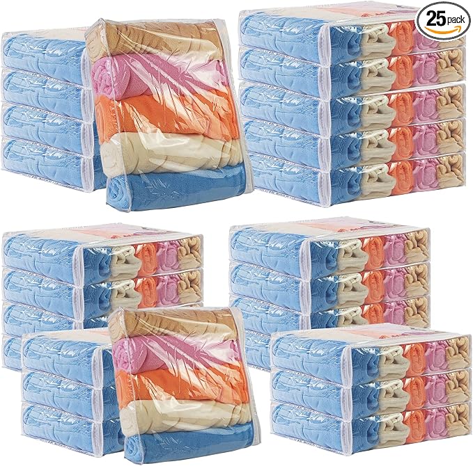 25Pcs Clear Vinyl Zippered Storage Bags - Blanket & Bed Sheet Organizer for Closet Linen & Sweater