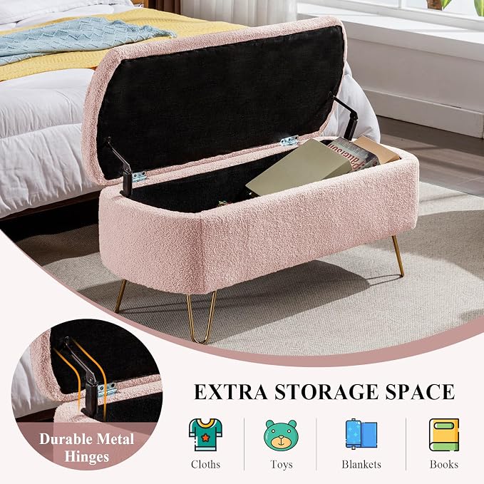 Modern Storage Ottoman Bench, Teddy Upholstered Entryway Bench with Gold Legs, Vintage End of Bed Bench with Safety Hinge, Padded Bench with Storage for Living Room, Bedroom, Entryway (Pink)