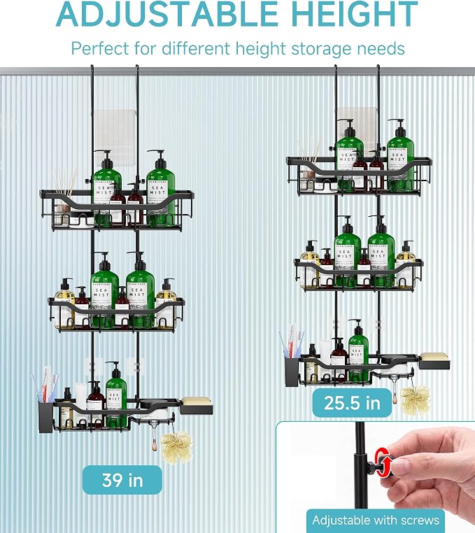 Shower Caddy Hanging Over the Door, Upgraded Extended Length Shower Organizer, 3 Tier Rustproof Bathroom Rack with Hooks Soap Holder